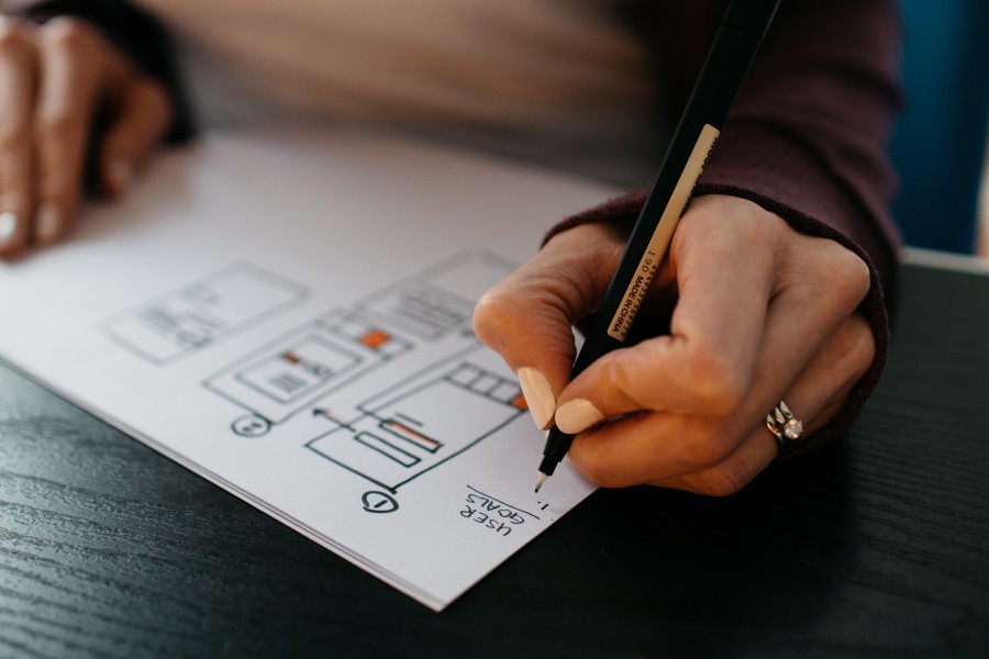 Employee creating documenting a planning process on paper